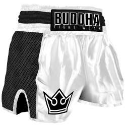 Pantalón muay thai Buddha retro premium (blanco/negro)